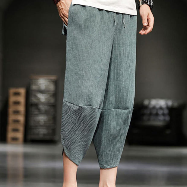 Buddha Stones Summer Solid Men's Cotton Linen Cropped Pants With Pockets Men's Pants BS 10