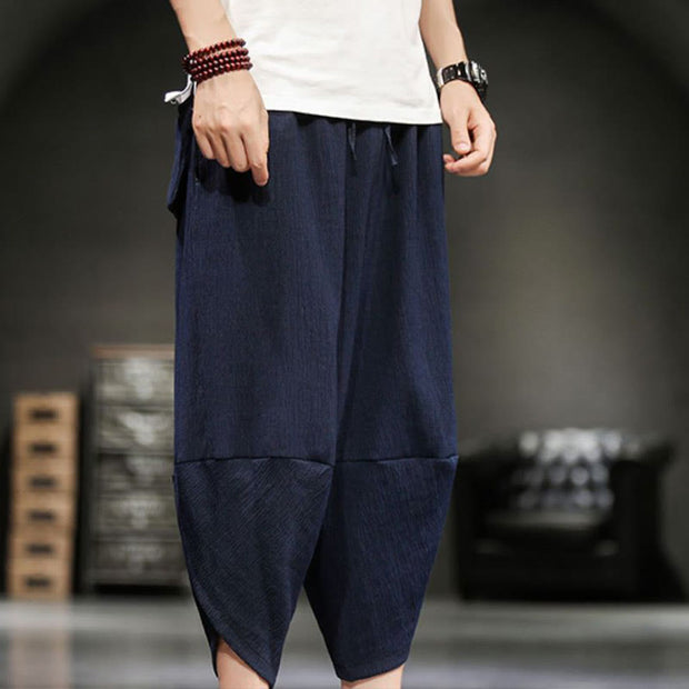 Buddha Stones Summer Solid Men's Cotton Linen Cropped Pants With Pockets Men's Pants BS 23