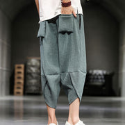 Buddha Stones Summer Solid Men's Cotton Linen Cropped Pants With Pockets Men's Pants BS 11