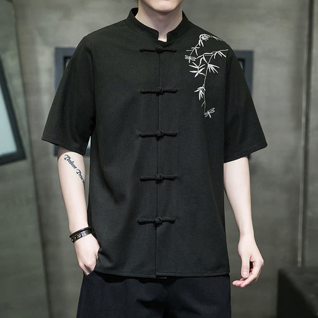 Buddha Stones Frog-Button Leaf Dragonfly Embroidery Men's Short Sleeve Shirt Men's Shirts BS 15