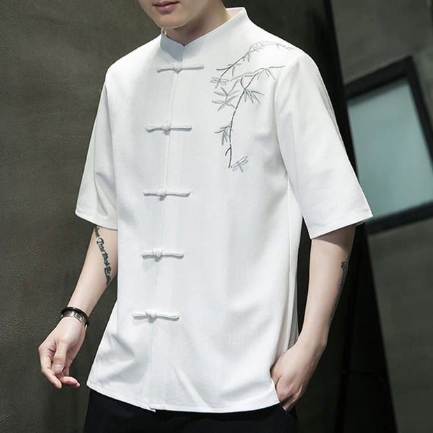 Buddha Stones Frog-Button Leaf Dragonfly Embroidery Men's Short Sleeve Shirt