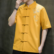 Buddha Stones Frog-Button Leaf Dragonfly Embroidery Men's Short Sleeve Shirt Men's Shirts BS 9