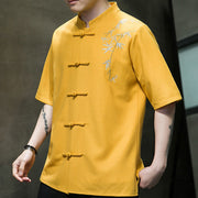 Buddha Stones Frog-Button Leaf Dragonfly Embroidery Men's Short Sleeve Shirt Men's Shirts BS 11