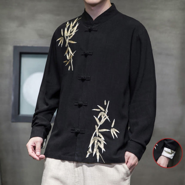 Buddha Stones Chinese Frog-Button Tang Suit Bamboo Leaves Long Sleeve Shirt Cotton Linen Men's Jacket Men's Shirts BS 8