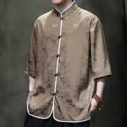 Buddha Stones Chinese Tang Suit Frog-Button Print Men's Half Sleeve Shirt Men's Shirts BS 17