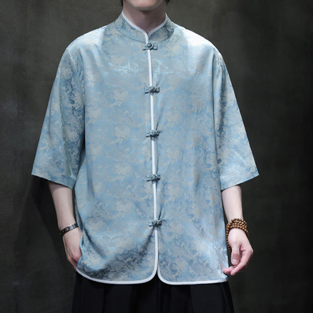 Buddha Stones Chinese Tang Suit Frog-Button Print Men's Half Sleeve Shirt Men's Shirts BS 1