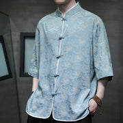 Buddha Stones Chinese Tang Suit Frog-Button Print Men's Half Sleeve Shirt Men's Shirts BS 4