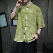 Buddha Stones Chinese Tang Suit Frog-Button Print Men's Half Sleeve Shirt Men's Shirts BS 24