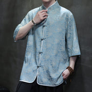 Buddha Stones Chinese Tang Suit Frog-Button Print Men's Half Sleeve Shirt Men's Shirts BS 6