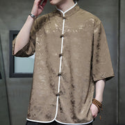 Buddha Stones Chinese Tang Suit Frog-Button Print Men's Half Sleeve Shirt Men's Shirts BS 8