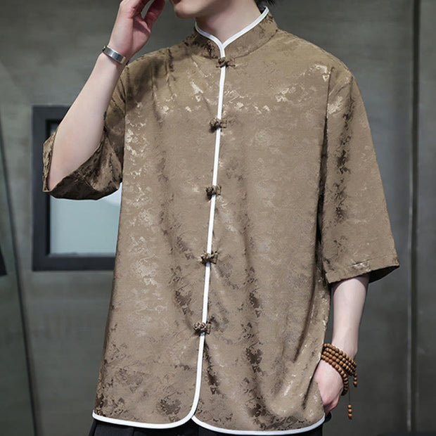 Buddha Stones Chinese Tang Suit Frog-Button Print Men's Half Sleeve Shirt Men's Shirts BS 8