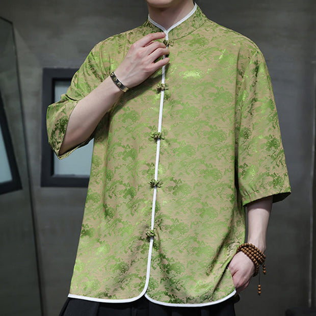 Buddha Stones Chinese Tang Suit Frog-Button Print Men's Half Sleeve Shirt Men's Shirts BS 23