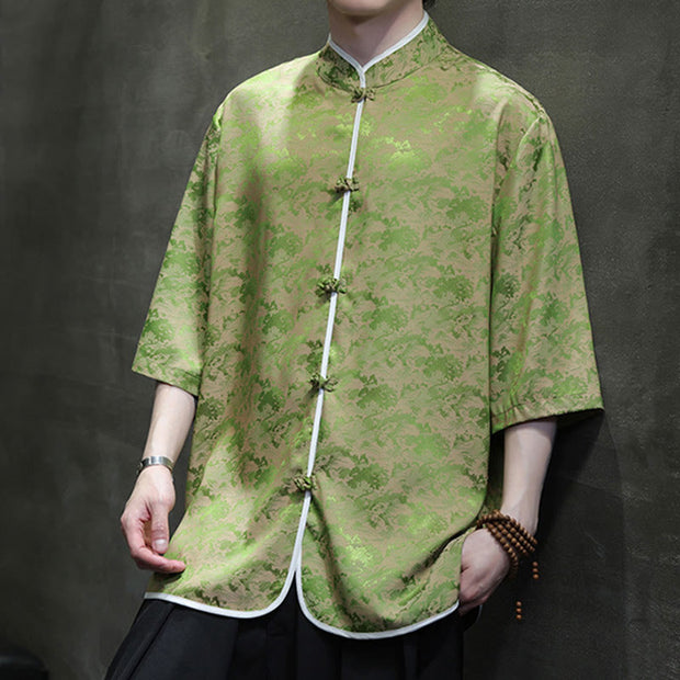 Buddha Stones Chinese Tang Suit Frog-Button Print Men's Half Sleeve Shirt Men's Shirts BS 19