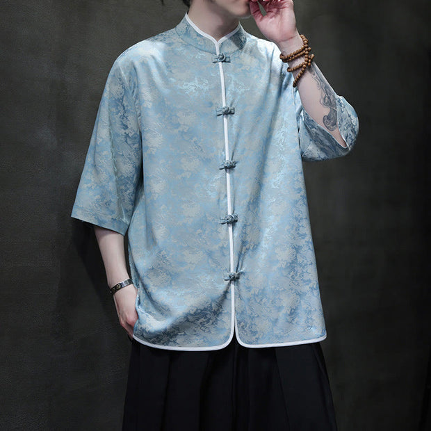 Buddha Stones Chinese Tang Suit Frog-Button Print Men's Half Sleeve Shirt