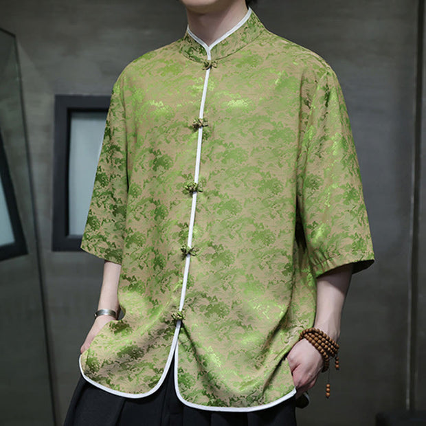 Buddha Stones Chinese Tang Suit Frog-Button Print Men's Half Sleeve Shirt Men's Shirts BS 22