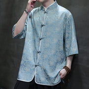 Buddha Stones Chinese Tang Suit Frog-Button Print Men's Half Sleeve Shirt Men's Shirts BS 5