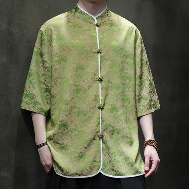 Buddha Stones Chinese Tang Suit Frog-Button Print Men's Half Sleeve Shirt Men's Shirts BS PaleGreen 5XL(Fit for USUK/AU46; EU56)