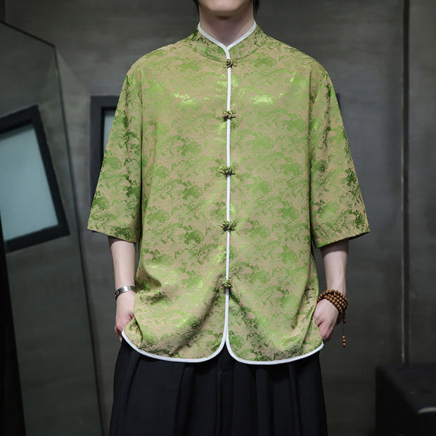 Buddha Stones Chinese Tang Suit Frog-Button Print Men's Half Sleeve Shirt Men's Shirts BS 21