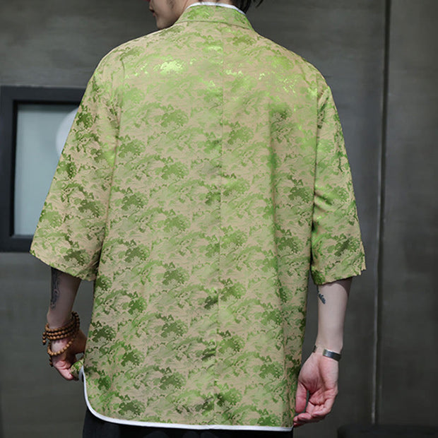 Buddha Stones Chinese Tang Suit Frog-Button Print Men's Half Sleeve Shirt