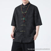 Buddha Stones Chinese Tang Suit Frog-Button Jacquard Print Men's Half Sleeve Shirt With Pockets