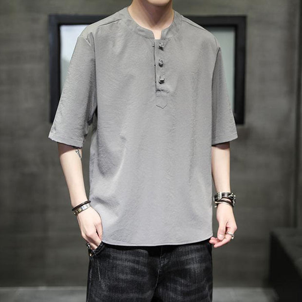 Buddha Stones Summer Solid Color Short Sleeve Men's Half Button Shirt