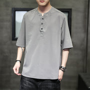 Buddha Stones Summer Solid Color Short Sleeve Men's Half Button Shirt