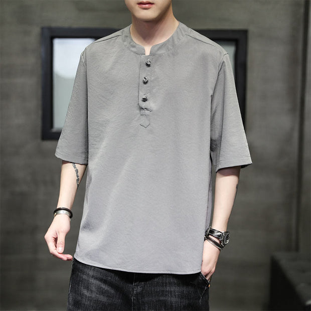 Buddha Stones Summer Solid Color Short Sleeve Men's Half Button Shirt Men's Shirts BS LightGrey 5XL(Fit for USUK/AU46; EU56)