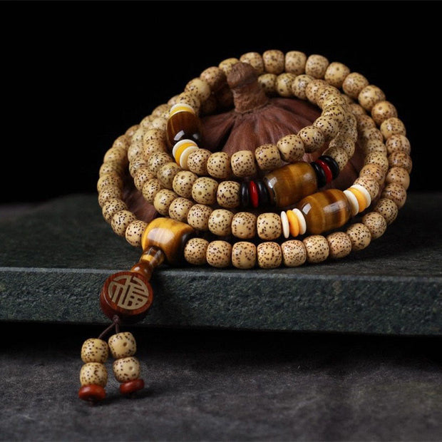 Buddha Stones 108 Mala Beads Bodhi Seed Topaz Fu Character Peace Bracelet