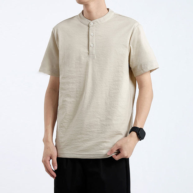 Buddha Stones Summer Short Sleeve Half Button Shirt Cotton Linen Men Clothing