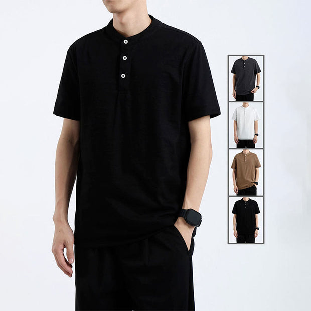 Buddha Stones Summer Short Sleeve Half Button Shirt Cotton Linen Men Clothing Men's Shirts BS 4