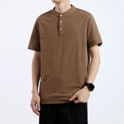 Buddha Stones Summer Short Sleeve Half Button Shirt Cotton Linen Men Clothing Men's Shirts BS 1