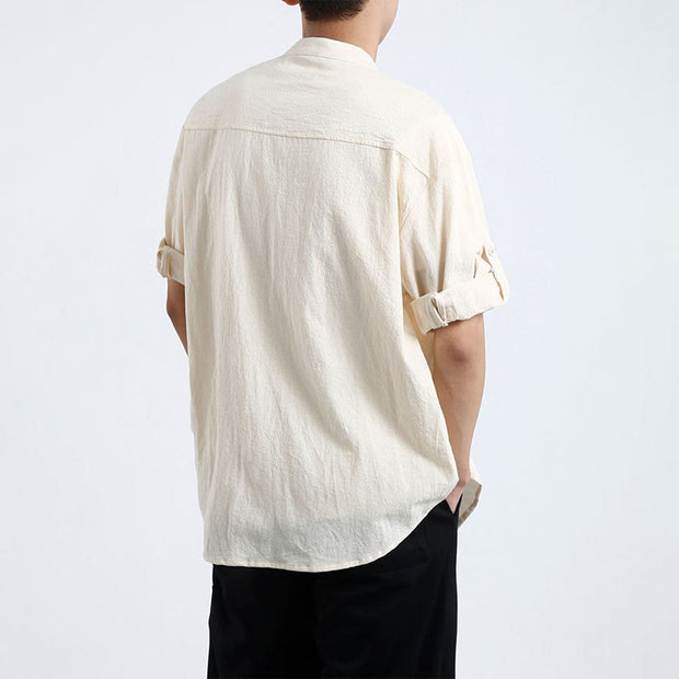 Buddha Stones Simple Men's Short Sleeve Button Down Cotton Linen Shirt