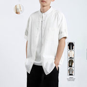 Buddha Stones Simple Men's Short Sleeve Button Down Cotton Linen Shirt Men's Shirts BS 7