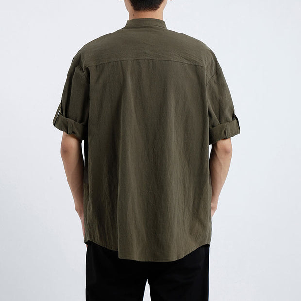 Buddha Stones Simple Men's Short Sleeve Button Down Cotton Linen Shirt