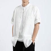 Buddha Stones Simple Men's Short Sleeve Button Down Cotton Linen Shirt Men's Shirts BS White 3XL(Fit for US/UK/AU42; EU52)