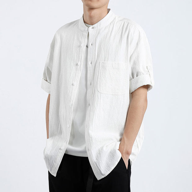 Buddha Stones Simple Men's Short Sleeve Button Down Cotton Linen Shirt