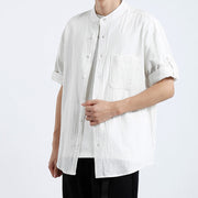 Buddha Stones Simple Men's Short Sleeve Button Down Cotton Linen Shirt Men's Shirts BS 6