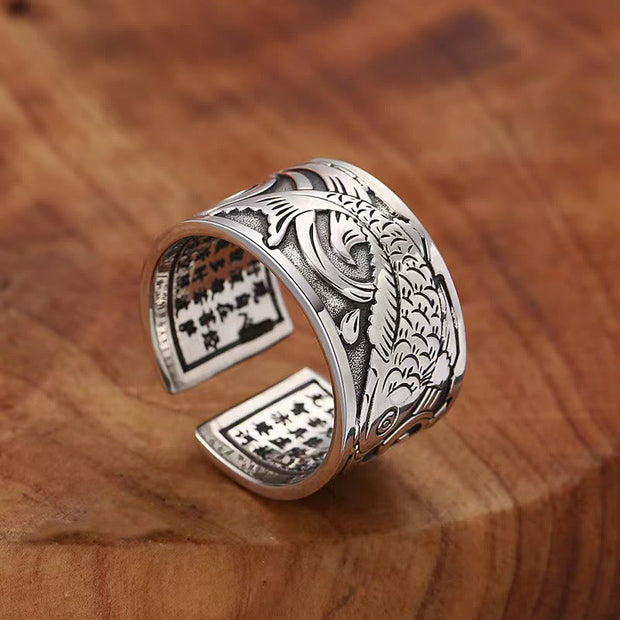 Buddha Stones Koi Fish Heart Sutra Carved Design Luck Wealth Ring