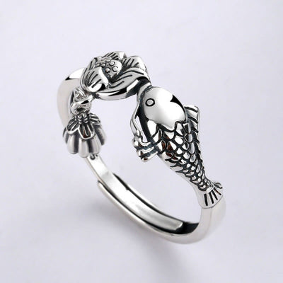 Buddha Stones 925 Sterling Silver Koi Fish Lotus Flower Success Ring Ring BS Koi Fish Lotus(Adjustable)