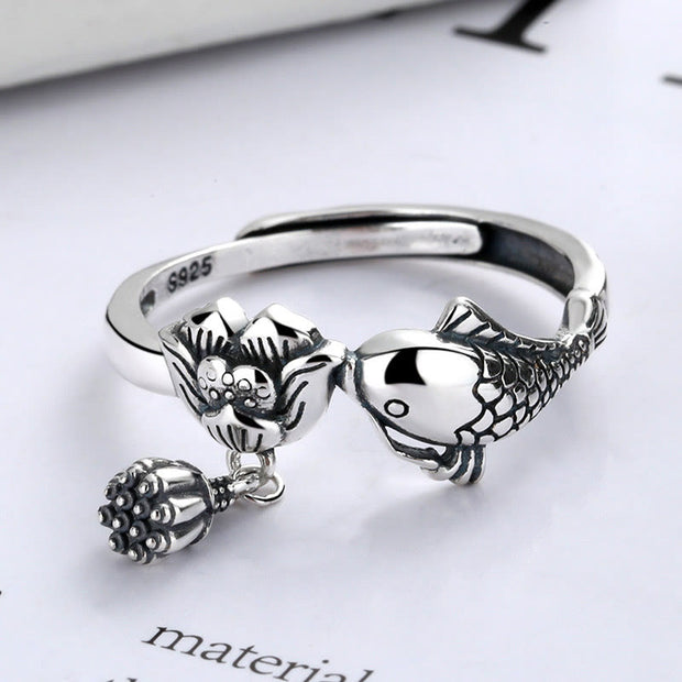 Buddha Stones 925 Sterling Silver Koi Fish Lotus Flower Success Ring