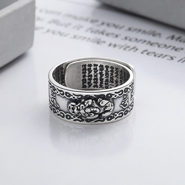 Buddha Stones 925 Sterling Silver PiXiu Scripture Carved Wealth Adjustable Ring Ring BS 3