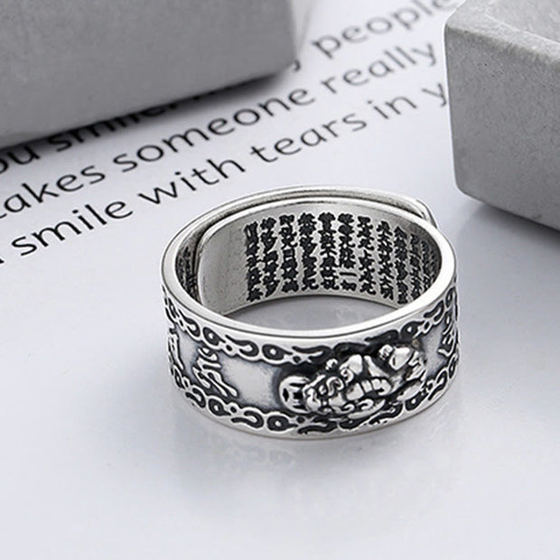 Buddha Stones 925 Sterling Silver PiXiu Scripture Carved Wealth Adjustable Ring Ring BS 1