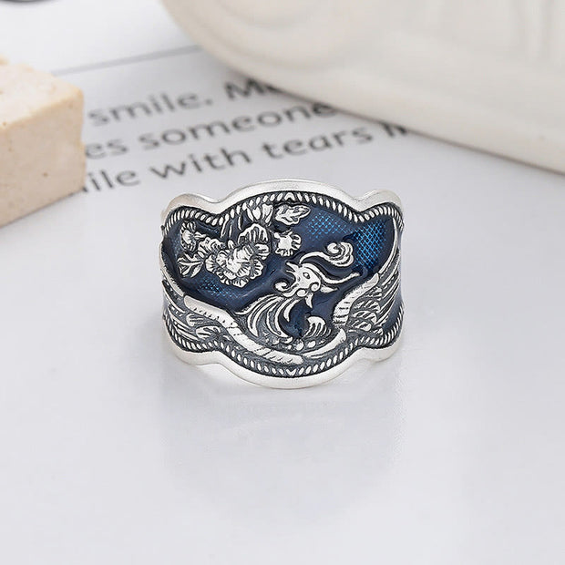 Buddha Stones 925 Sterling Silver Phoenix Peony Flowers Carved Luck Adjustable Ring Ring BS Phoenix(Adjustable)