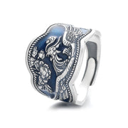 Buddha Stones 925 Sterling Silver Phoenix Peony Flowers Carved Luck Adjustable Ring