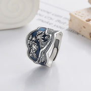 Buddha Stones 925 Sterling Silver Phoenix Peony Flowers Carved Luck Adjustable Ring