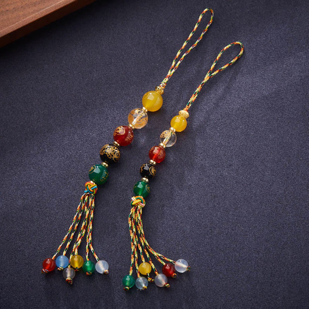 Buddha Stones Handmade Tibetan Five God Of Wealth Various Agate Luck Braid Rope Car Hanging Decoration