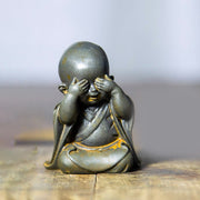 Buddha Stones Small Meditating Monk Iron Powder Rust Cast Resin Statue Desk Decoration Decorations BS Monk Covering His Eyes 6.5*5cm