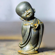 Buddha Stones Small Meditating Monk Iron Powder Rust Cast Resin Statue Desk Decoration Decorations BS Monk Making A Heart 8*3.5cm