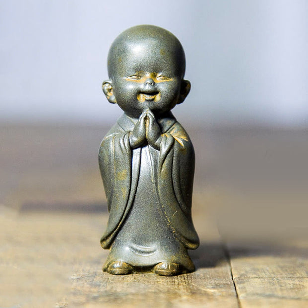 Buddha Stones Small Meditating Monk Iron Powder Rust Cast Resin Statue Desk Decoration Decorations BS Smiling Monk 8*3.5cm