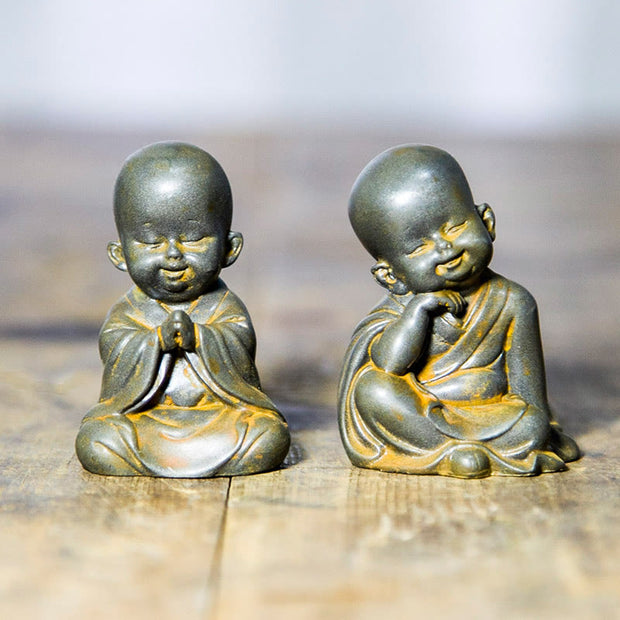 Buddha Stones Small Meditating Monk Iron Powder Rust Cast Resin Statue Desk Decoration Decorations BS 1